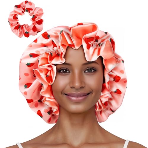 Floral Satin Bonnet with Scrunchie Set,Double Layer Ruffle Reusable Sleeping Shower Cap for Curly Hair Pink-strawberries - color: Pink-strawberries