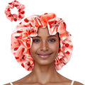Floral Satin Bonnet with Scrunchie Set,Double Layer Ruffle Reusable Sleeping Shower Cap for Curly Hair Pink-strawberries - color: Pink-strawberries