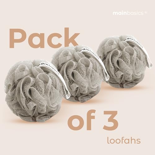 MainBasics Shower Loofah Sponge Pouf, Set of 3, Totally Taupe | Soft Mesh Body Scrubber and Bath Sponge for Gentle Exfoliation, Rich Lather, and Everyday Shower Use - style: Totally Taupe