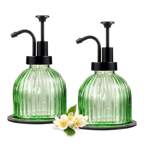 SheeChung 8 Oz Glass Soap Dispenser Bathroom, Green Liquid Hand Soap Dispenser with Pump, Refillable Dish Soap Dispenser for Kitchen, Cute Modern Stripes Lotion Bottle, Shampoo (Black Pump, 2 Pack) - color: Green-black Pump, 2 Pack