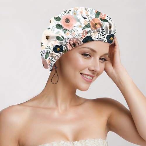 2 PCS Shower Cap Reusable Waterproof Adjustable Double Layer Elastic Dry Hair Bathing Caps Aesthetic Cute for Women Girls-Pink Flower - color: H-13-Pink Flower