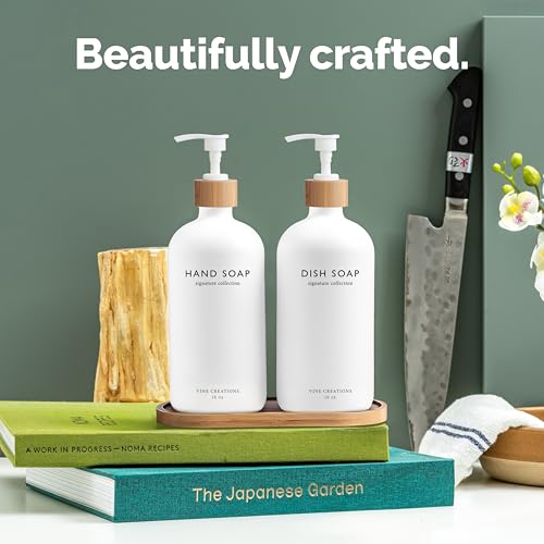 Vine Creations White Glass Soap Dispenser Set, Hand Soap and Dish Soap Dispenser Set with Bamboo Tray, 16 oz Glass Dispensers Bottle for Kitchen and Bathroom Decor Modern Boho with Bamboo Pump (White) - color: White