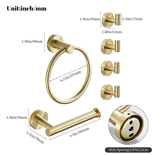 Brushed Gold Bathroom Hardware Set, Gold Toilet Paper Holder Towel Ring and 4 Robe Hooks Hand Towel Holder Bathroom Accessories Kit Wall Mount Stainless Steel, 6 Pieces