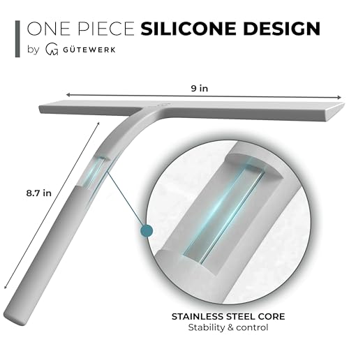 GÜTEWERK Silicone Shower Squeegee for Glass Doors & Mirrors with Stainless Steel Core, Streak-Free & No-Squeak Window Cleaning, 3-in-1 No-Drill Mount (Hook/Suction/Adhesive),White, 9 Inches - color: White, size: 9 Inches
