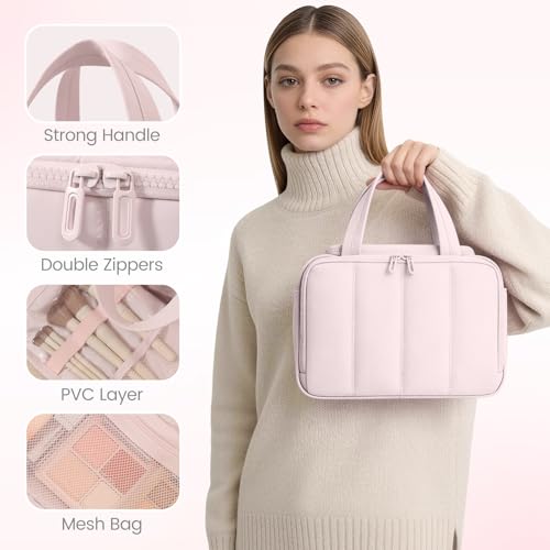 Cute Puffy Toiletry Bag for Women,Large Makeup Bag,Travel Cosmetic Bag with Adjustable Dividers & Trolley Sleeve,Toiletries Organizer,Light Pink - color: Pink