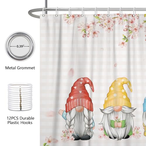 Fabric Shower Curtain with Hooks, Waterproof & Washable & Polyester, Spring Pink Gnome Cherry Floral Shower Curtains for Bathroom, Funny Cute Anime Rusitc Bathroom Curtain, House Gift, 71x74 Inch - color: Spring Cherry Floral Gnomes