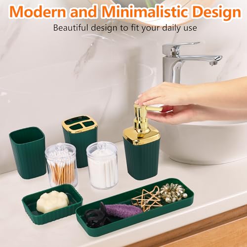 Bathroom Accessory Set,9 Pieces Dark Green Bathroom Accessories Set with Trash Can, Toothbrush Holder, Soap Dispenser, Toothbrush Cup, Vanity Tray, Soap Dish, Toilet Brush, Qtip Holder - color: Darkgreen