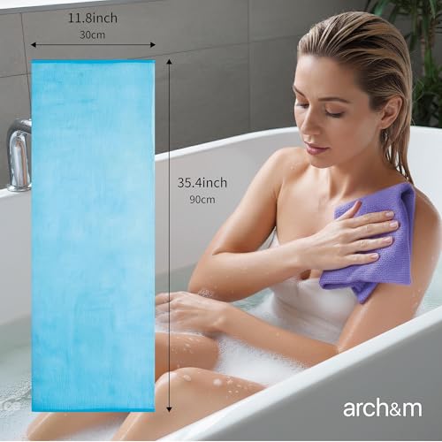ARCH&M Exfoliating Back Washcloth & Body Scrubber, 3 Pack, 35-Inch | Japanese Washcloth, Exfoliation Shower Towel, Daily Use, Deep Cleansing, Nylon, Beauty Cloth For Smooth Skin - style: Black Off-White Navy-Blue