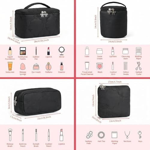 4Pcs Quilted Makeup Bag Set, Cute Bowknot Puffy Makeup Bag Toiletry Bag w/ Bow Zipper Travel Essentials Large Water-Resistant Travel Makeup Bag Versatile Cosmetic Organizer Pouch for Women Girls - color: Black
