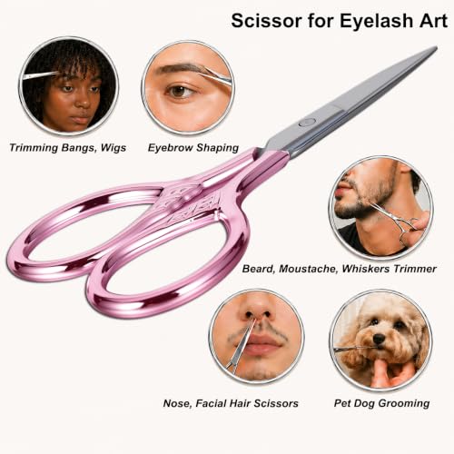 Small Pointed Scissors for Women Men Facial Hair, Beard, Mustache | Mini Grooming Scissor Little Travel Shears, for Eyebrow, Eyelash, Sewing, Embroidery, Craft, Detail Thread Cut with Sheath - color: Pink