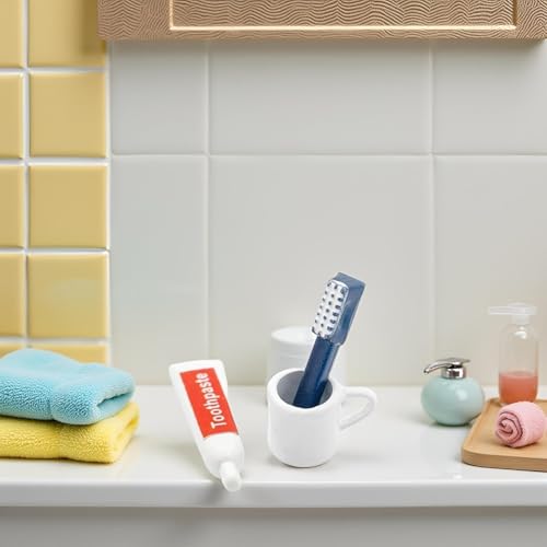 Toothpaste, Toothbrush and Cup Model, 1/12 Scale, Miniature Dollhouse Bathroom Accessories Set, DIY Decor Kit