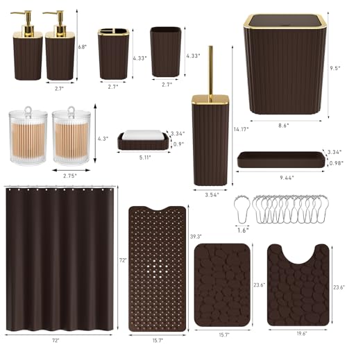 XLHOMO 26PC Bathroom Accessories Set - Gorgeous Brown Bathroom Set, Bathroom Accessory Set, Shower Curtain Set with Bathtub Mats for Shower Tub, Trash Can & Soap Dispenser - size: Bath Set+Bathtub Mat+Shower Curtain&Rugs, style: Brown&Gold