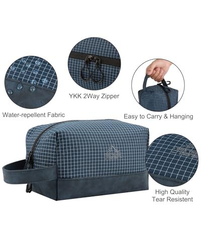 GOX Premium Plaid & Leather Travel Toiletry Bag with Reinforced Handles Cosmetic Organizer (9x5.1x5.1 inches) for Bathroom, Shaving, Makeup Essentials (Navy) - color: Navy
