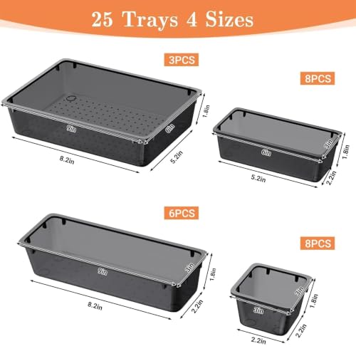 SpaceHacks 25 PCS Plastic Drawer Organizer Set, 4-Size Versatile Organizer Tool Trays & storage Bins for Makeup, Jewelry, and Gadgets in Bathroom, Bedroom and Office,Clear Black - color: Clear Black
