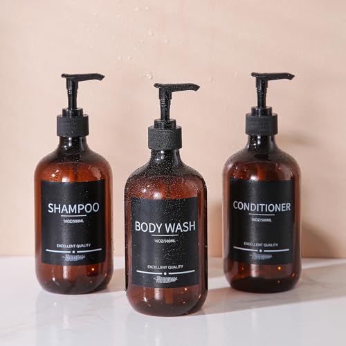 5Pack Amber Shower Bottles Refillable with Labels,16.9oz(500ml) Reusable Shampoo and Conditioner Bottles,Shampoo Dispenser Bottles - color: Amber