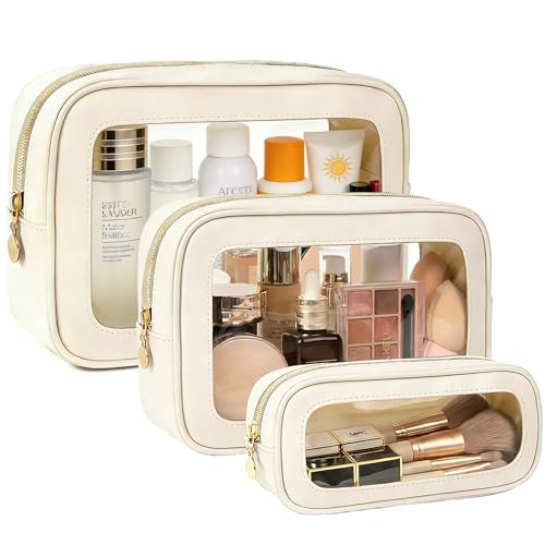 3-Piece Travel Clear Makeup Bag Set, Small Large Clear Cosemetic Bag with Makeup Brush Bag Waterproof Makeup Pouch with Zipper Toiletry Bags For Traveling Car Accessories for Women (White Set) - color: White Set