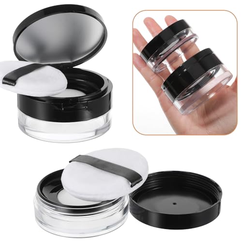 2 Pcs Loose Powder Container with Mirror, 20g(0.7oz) & 10g(0.33oz) Empty Reusable Compact with Rotatable Sifter, No Leak Powder Case with Sponge Puff for Travel DIY Makeup