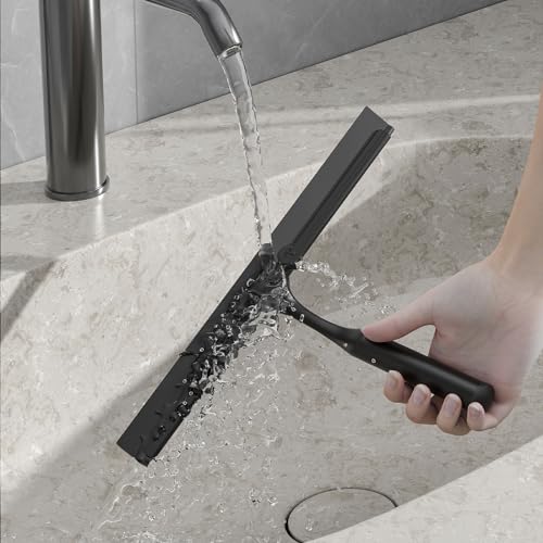Shower Squeegee for Glass Doors, Shower Squeegee for Tile Shower Walls, Stainless Steel Squeegee for Bathroom, Windows and Mirrors with Storage Hook-12”, Black - color: Black, size: 12