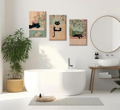 ZWTJPLN Japanese Ukiyo-e Style Black Cat Bathroom Canvas Wall Art Set (8x11/12x16Inches) - 3-Piece Funny Cat Decor for Restroom, Toilet & Home - color: Funny Cat, size: 10L" x 8W"Canvas