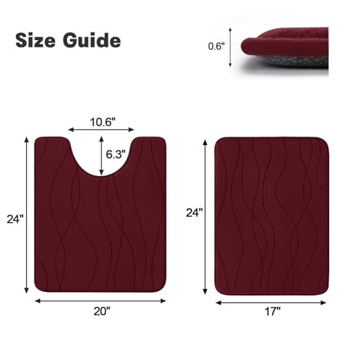 YIHOUSE Bathroom Rugs Set 2 Piece, Memory Foam Bath Mat Red | U Shaped+Small Mat, Ultra Soft, Absorbent, Non-Slip, Machine Washable, for Bathroom, Sink and Toilet - color: Red, size: 2' x 1'5" (Rectangular)