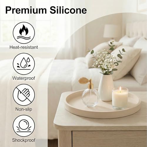 Round Beige Silicone Decorative Bathroom Vanity Tray 9 Inch, Counter Tray for Bathroom Countertop Perfume Holder Dresser Organizer Coffee Table Candle, Non-Slip Durable for Home Use - color: Beige, size: 9.1"