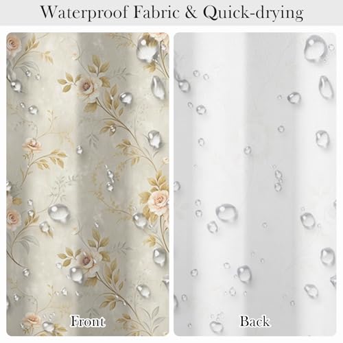 Vintage Floral Shower Curtain 71x74 Inch - Soft Pink Rose & Brown Leaf Printed Bathroom Curtain with Rust-Proof Hooks, Waterproof Fabric Bath Curtain for Classic Romantic Home Decor - color: Floral-d
