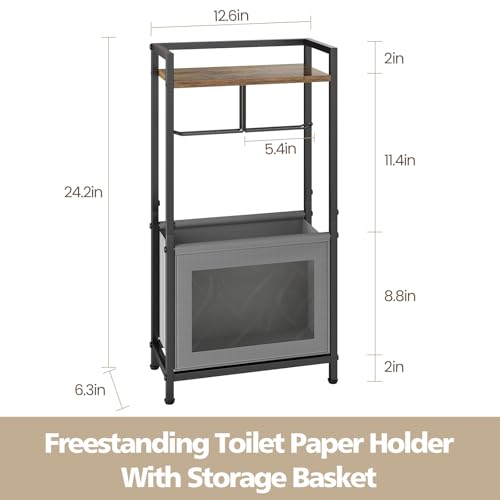 Toilet Paper Holder Free Standing with Storage Basket, Bathroom Tissue Holder Stand with Top Wood Shelf for Phones, Wet Wipes, Small Plants, Metal Toilet Paper Rack for Bathroom Organizer, Black