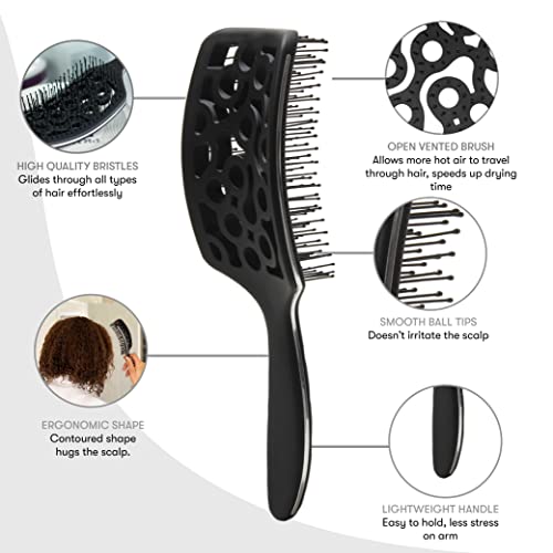 FRAMAR Professional Vented Hair Brush – Curved Hair Brush For Blow Drying, Wet Paddle Brush For Hair, Vent Brush For Blow Drying, Wet Hairbrush For Women – Heat Resistant - Black - color: Black
