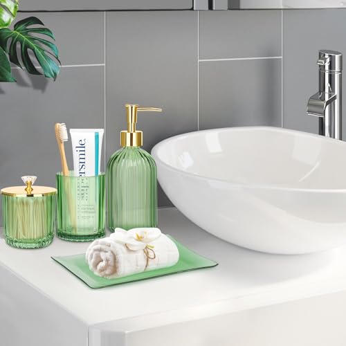Haturi Bathroom Accessories Set, 4 Pcs Green Glass Bathroom Accessory Set Complete w/Lotion Soap Dispenser, Toothbrush Holder, Qtip Holder, Vanity Tray, Gold Bathroom Decor, Gift for Home Apartment - style: Light Green