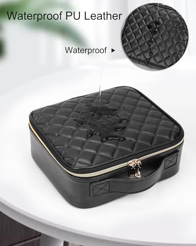 Relavel Makeup Bag, Travel Cosmetic Train Case Organizer Portable Artist Storage Bag with Adjustable Dividers for Cosmetics Makeup Brushes Toiletry Jewelry Digital Accessories Quilted Leather Black - color: Quilted Leather, size: Small