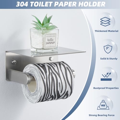 Toilet Paper Holder with Phone Shelf, APLusee SUS 304 Stainless Steel Bathroom Tissue Holder, Wall Mounted Roll Paper Dispenser, Brushed Nickel - color: Brushed Nickel, size: Single Rod