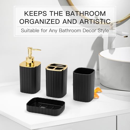 4-Piece Bathroom Accessories Set, Black and Gold Bathroom Set Includes Soap Dispensers, Toothbrush Holder, Soap Dish and Cup, Black Gold Bathroom Decor for Modern Homes - color: Black, size: 4Pcs-A