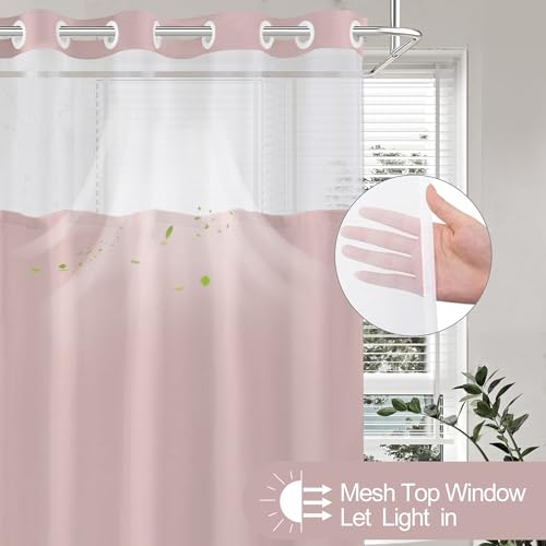 No Hook Shower Curtain with Snap in Liner, Ombre Blush Pink Shower Curtains and Liner Set, Hotel Fabric Bath Curtain for Bathroom, Mesh Top Window Waterproof Washable, 71" x 74" - color: Ombre Blush Pink, size: 71"W x 74"L (Pack of 1)