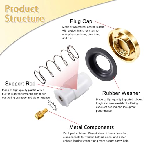 Universal Toe Touch Bathtub Drain Stopper - 3/8'' & 5/16'' Thread Studs with Star-Shaped Lock Washer, Gold(1 Pack) - color: Glod