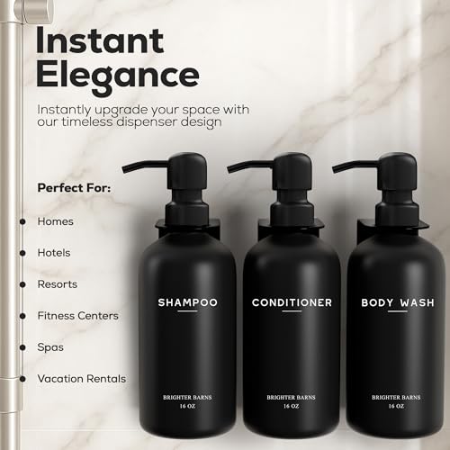 Black Shampoo and Conditioner Dispenser Set Wall Mounted by Brighter Barns - 3 Chamber No Drill Shampoo Bottles for Shower Wall - Refillable Plastic Shower Soap Dispenser for Airbnb, RV, Hotel (Black) - color: Modern (Black)