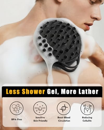 2 in 1 Silicone Body Scrubber, Anti Cellulite Massage Scrubber, Exfoliating Shower Brush for Men & Women, Removes Dead Skin, Reduces Cellulite, Improves Circulation, Fast Dry, Non Slip (1PC, Black) - color: Black, size: 1PC
