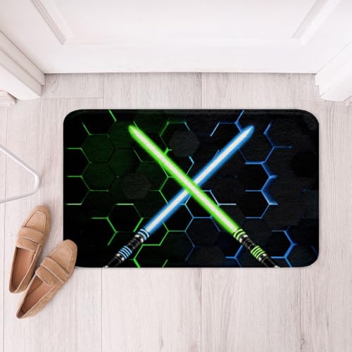 Geometric Light Up Sword Non Slip Bath Mat Neon Blue Purple Light Honeycomb Bathroom Rug Kids Boys Men 3D Glowing Hexagon Shaggy Absorbent Floor Mat Fashion Black Bath Indoor Doormat Decor,16"x24" - color: Lightsaber 01, size: 16" x 24"