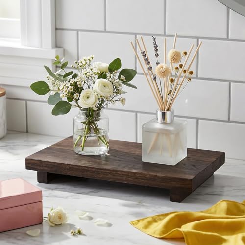 Wood Riser Tray Soap, Wood Pedestal Stand, Wooden Riser Kitchen Soap Dish Holder Rectangle Wooden Display Tray Decorative Rustic Bathroom Dishes Plant for Vanity, Counter, Sink (12 x 7 Inch,Brown)