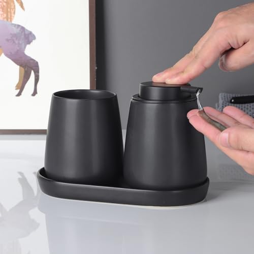 Matte Black Bathroom Accessory Set - 3pcs Ceramic Soap Dispenser Set Vanity Countertop Accessories Set, Includes Refillable Lotion Hand Soap Dispenser, Toothbrush Holder and Tray (Liquid Pump) - style: Black Set - Liquid Pump