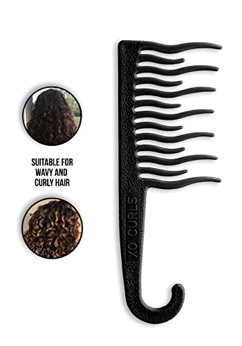 XO Curls Shower detangling hair comb, Wide tooth comb, Comb with hook for easy hanging in shower, Gentle on Scalp, Hair comb for with curly & wavy hair - color: Black