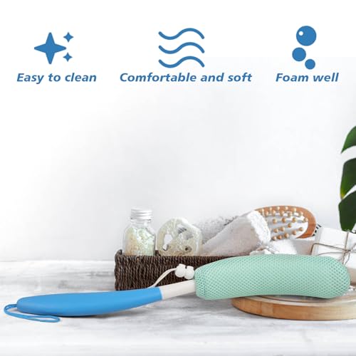 Back Scrubber for Shower，Mesh Sponge Body Shower Brush with Long Handle for Use in Shower Back Scrubber,Back Scrub for Exfoliating Body Scrubber or Shower Brush (Green and Green) - size: Green+Green Handle (YS0125)