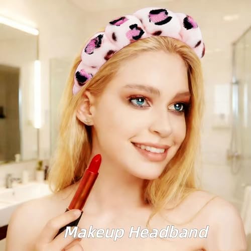 7 Pcs Spa Set, Facial Headband and Wristband Set, Skincare Accessories, College Style Girl Idea Gifts, Hair Accessories for Women and Girls（Leopard Print Pink） - color: Leopard Print Pink