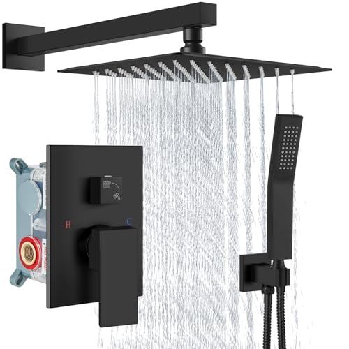 Aolemi Shower Faucet Set Rain Shower System with Handheld Spray Bathroom Shower Combo Rough-in Valve and Shower Trim Kit Included Matte Black 10 Inch Wall Mount Shower Head - color: Matte Black, size: 10 Inch Wall Mount Shower Head
