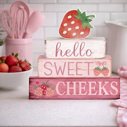 Cinnvoice 4 Pcs Strawberry Bathroom Decor Farmhouse Bathroom Decoration Hello Sweet Cheeks Table Centerpiece Gift for Christmas Valentines Back to School - style: Strawberry Hello Sweet Cheeks