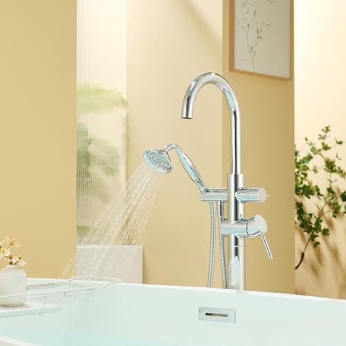 Wowkk Tub Filler Freestanding Bathtub Faucet Chrome Floor Mounted Brass Bathroom Tub Faucets with Hand Shower - color: Chrome