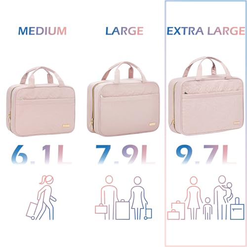 NISHEL Travel Toiletry Bag for women, Portable Hanging Organizer for Family-Sized Shampoo, Conditioner, Brushes Set, Makeup Accessories, Extra Large Size, Pink - color: Pink, size: Extra-Large
