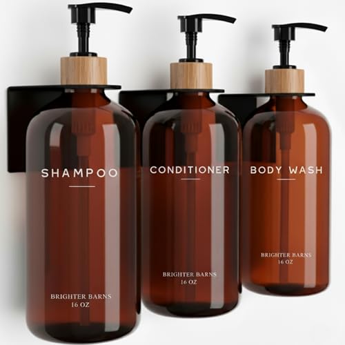 Amber Shampoo and Conditioner Dispenser Set Wall Mounted by Brighter Barns - Refillable Shampoo Dispenser for Shower Wall 3 Chamber No Drill - Plastic Shower Bottles for Guest Bathroom, Hotel (Amber) - color: Boho (Amber)