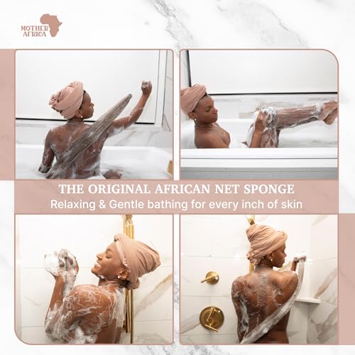 MOTHER AFRICA African Net Sponge Authentic with Knots 2 Pack Black Owned Exfoliating Body Scrubber Bath Sponge for Shower Washcloth Loofah Gentle Deep Cleansing Back Scrubber Face & Body Men & Woman - color: Dark Brown & Linen Tan