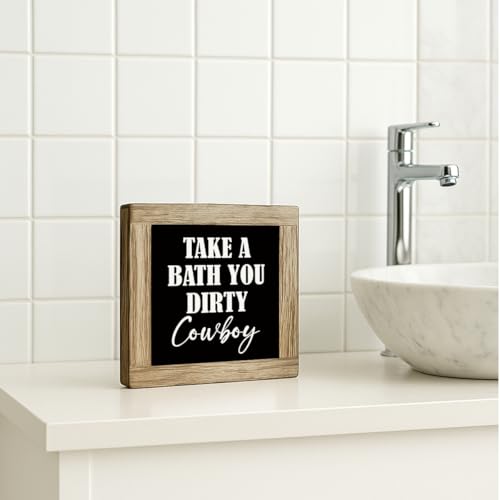 Western Bathroom Decor, Wooden Take A Bath You Dirty Cowboy Signs, Home Restroom Shelf Decorative Signs, Farmhouse Toilet Table Shelf Wooden Box Decoration 5.9×5.9 inch - color: color30