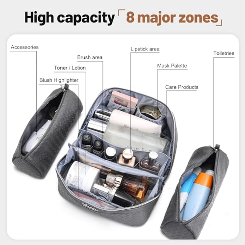 BOYATU Travel Makeup Bag Cosmetic Bags for Women: Large Capacity 3 Pcs Set Make up Bag with Compartments - Waterproof Vegan Leather Toiletry Organizer Bags with Handle (L07Grey) - color: L07Grey
